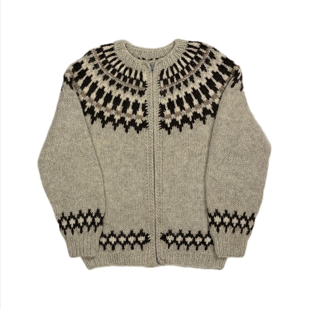 Vtg Hilda LTD wool cream brown fair isle zip knit cardigan sweater mens small